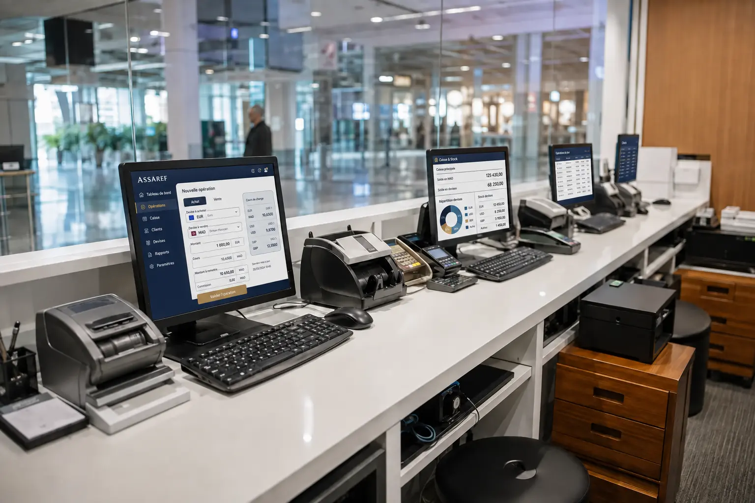 Bureau de change moderne équipé de plusieurs postes de travail ASSAREF