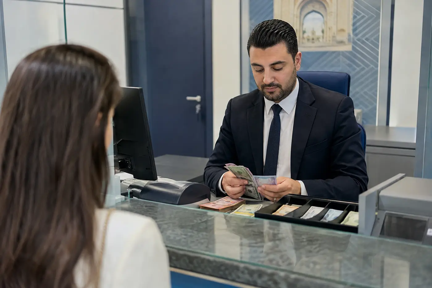Agent de change traitant une opération au guichet